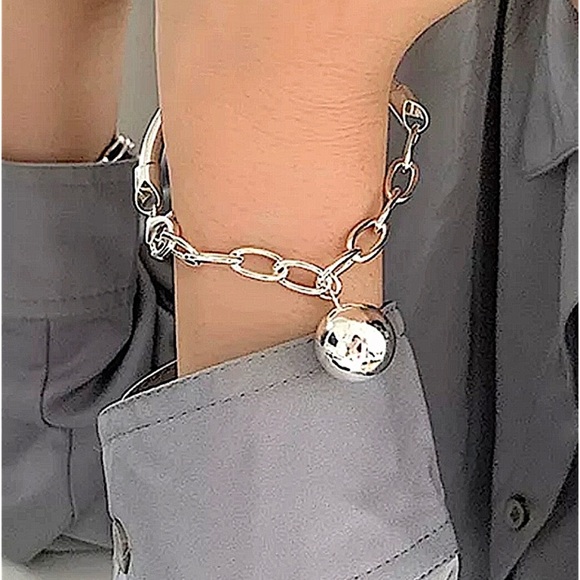 Sterling Silver Chain Link Ball Drop Bangle Bracelet - Picture 5 of 7